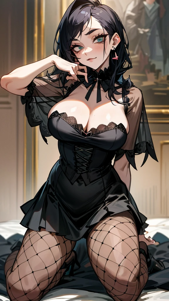 （best quality，masterpiece：1.2，detailed details，4k），((masterpiece)), ((best quality)), (ultra-detailed), anime style,large breast, slim, slender, ashamed, all fours ，Kneeling,Girl with modern gothic makeup, fair skin, long legs, black eyeshadow, camisole, plump figure, earrings and lip studs, fishnet stockings, posing in an attractive pose, lovable expression