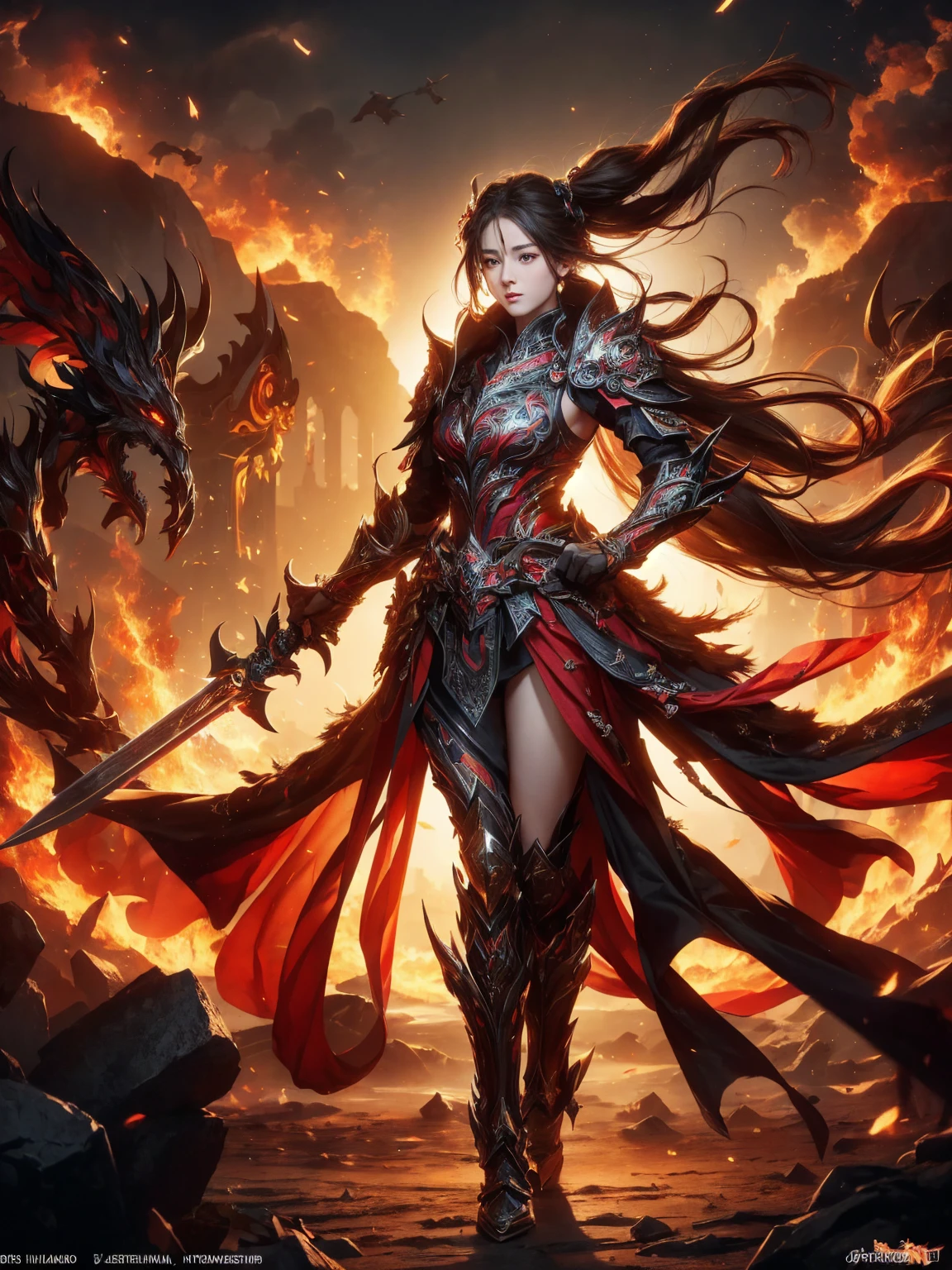 ((Full body shot)), ((Low angle view)), ((Detailed background)), ((Battlefield, group of armies)), (masterpiece, top quality, best quality, official art, beautiful and aesthetic:1.2), (1girl),craft a Hyper-realistic portrayal of a futuristic (1girl1.2), (Dilireba), beautiful character donned in intricate armor surrounded by captivating flames, an epic long (sword:1.2), Dynamic pose, Random pose, Dynamic angle, battle stance, Meticulous details capture the intense fusion of tradition and innovation in this visually stunning composition. Trending on Artstation. Perfect lighting,,