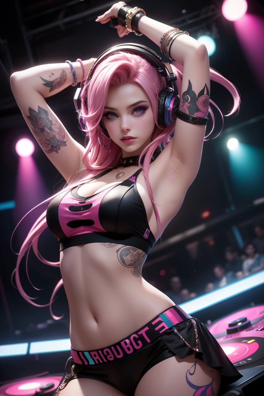 Upper body, Female DJ, Vampires,Wear a bikini，Tattooed with，Pink hair， Quirky, Vibrant appearance, Playful accessories, Bright colors，Creative behavior, Rambled, Sensual, Spontaneous, DJ headphones, Mixing Console, Music Clubs, night club, Independent cinema, People dancing on dance floor background, Underground danceclub, Highest quality, Skin texture, Intricate details, (Cinematic lighting), RAW photo, 8K，Psychedelic surrealist art，Surrealist psychedelic design，dream art style，Illusion psychedelic art， Colorful dark vectors,