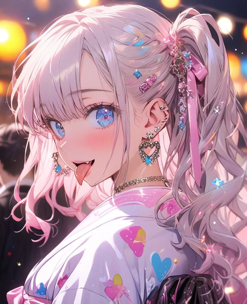 tongue，Gal，Glittery earrings，pink,pinkに光るタトゥー,長いpinkの髪,blue eyes