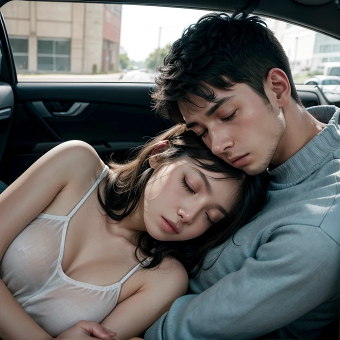 One man, one woman, arm around the neck, sleeping inside a car