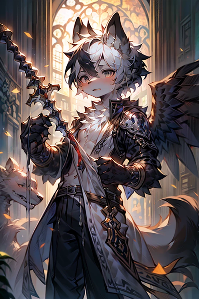 a male wolf-like humanoid angel with a damaged golden halo, wearing a white robe with golden floral patterns and a black tattered hem, black pants, and a pair of bony black-feathered wings, standing alone in a foggy, dilapidated background, holding a silver knight's sword in one hand, with black liquid dripping from his black eye sockets and black-and-white gradient hair, (best quality,4k,8k,highres,masterpiece:1.2),ultra-detailed,(realistic,photorealistic,photo-realistic:1.37),extremely detailed eyes and face,longeyelashes,detailed feathers,dramatic lighting,cinematic composition,dark fantasy,moody atmosphere,muted colors,chiaroscuro