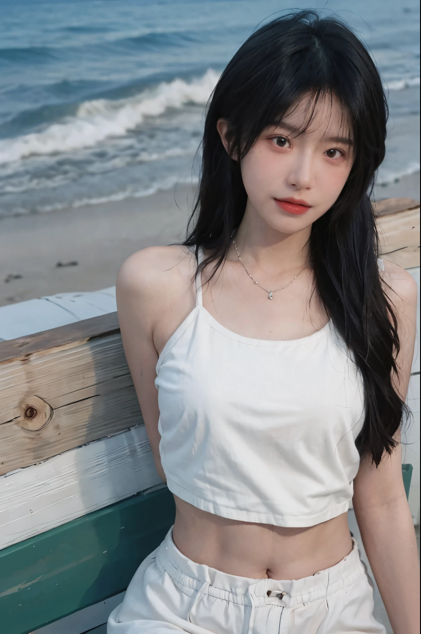 Best quality，Ultra-high resolution，（lifelike：1.4），Cute hairpin，1girll，Long curly hair，jk，Blush，Slim beauty：1.4，Visible abdominal muscles，on the beach，Ultra-fine face，Exquisite eyes，Double eyelids，necklace