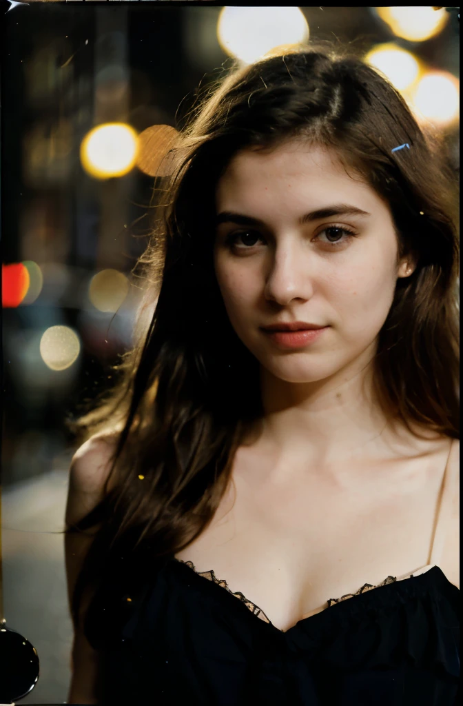 photo polaroid, night photo, 24 year old photo.oh beautiful argentinian woman , pale skin, bokeh, motion blur