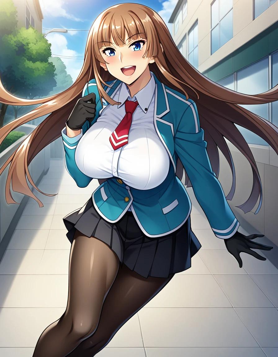 score_9, score_8_up, score_7_up, score_6_up, best quality, source_anime, game cg, aoi nagisa, BREAK solo, 1girl, koukawa asuka, brown hair, long hair, blue eyes, bangs, (huge breasts:0.8), medium body, BREAK (blue_school_jacket:1.1), breasts, tight clothes, black gloves, collared white blouse, red tie, black skirt, knee length pleated skirt, black pantyhose, shiny skin, BREAK smile, blush, open mouth, standing, outside, street,