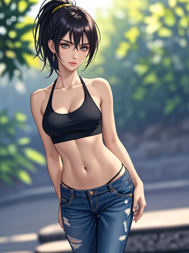 1 girl (Masterpiece, best quality, photorealistic, highres, photography:1.3), close-up portrait, sharp focus, 1 dark haired girls, European fashion models, flawless skin, slim feminine appearance, flat abdomen, slender abs, cleavage, messy hair, detailed hair strands, delicate sexy face, allure look, ((elegant girl, high society, detailed makeup, influencer, perfect skin)), outdoor fashion photoshoot, standing pose, ((realistic, ultra realistic, realism, realistic detail)), long black ponytail, hair between eyes, (tan skin, bronze skin) blue eyes, tan skin, abs, belly button piercing, high-waisted jeans shorts, solid black cropped tank top