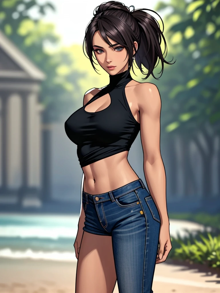 1 girl (Masterpiece, best quality, photorealistic, highres, photography:1.3), close-up portrait, sharp focus, 1 dark haired girls, European fashion models, flawless skin, slim feminine appearance, flat abdomen, slender abs, cleavage, messy hair, detailed hair strands, delicate  face, allure look, ((elegant girl, high society, detailed makeup, influencer, perfect skin)), outdoor fashion photoshoot, standing pose, ((realistic, ultra realistic, realism, realistic detail)), long black ponytail, hair between eyes, (tan skin, bronze skin) blue eyes, tan skin, abs, belly button piercing, high-waisted jeans shorts, solid black cropped tank top