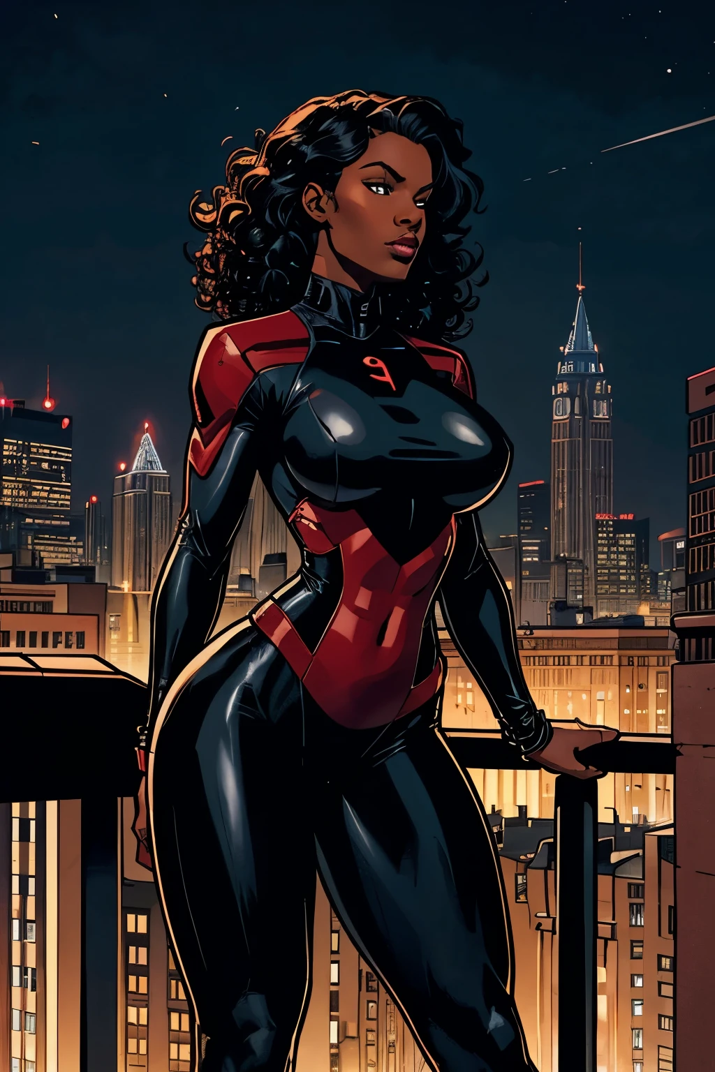 Cardinal, a gorgeous woman with (dark skin) wearing a modest black and red bodysuit, long sleeves, leggings.  Athletic, huge breasts, wide hips. (Short, curly) black hair, batons. Confident. City skyline, rooftops.