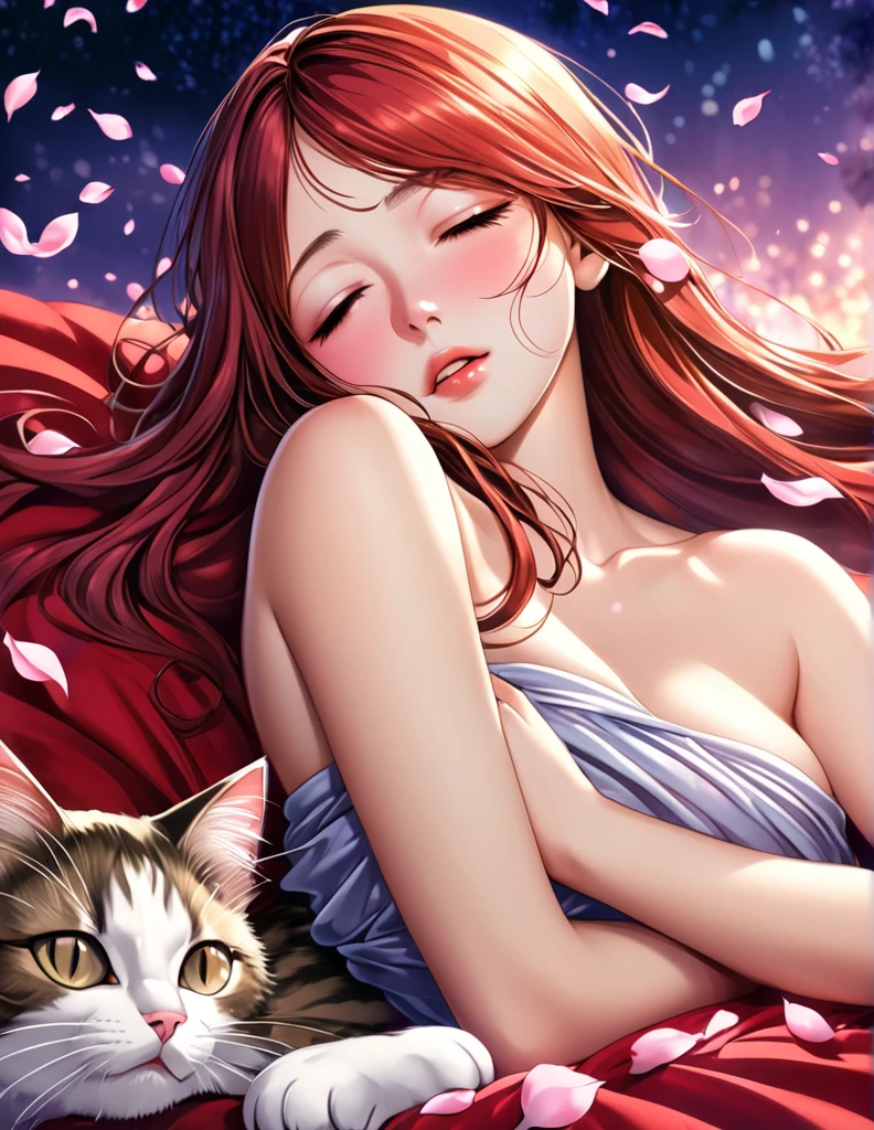 (Harem Manga style:1.2) , Hallucination, daydream , nightmare , Insane Dream , bokeh , erotica , romance ,  girl and realistic cat , Petals fluttering down , (Single eyelids, round nose, swollen cheeks) , glossy lips , Collarbone , Hair blowing in the wind , Goddess of lust , lying back , (hide private parts  by cats:1.3) , (close up cat:1.1) , spread legs