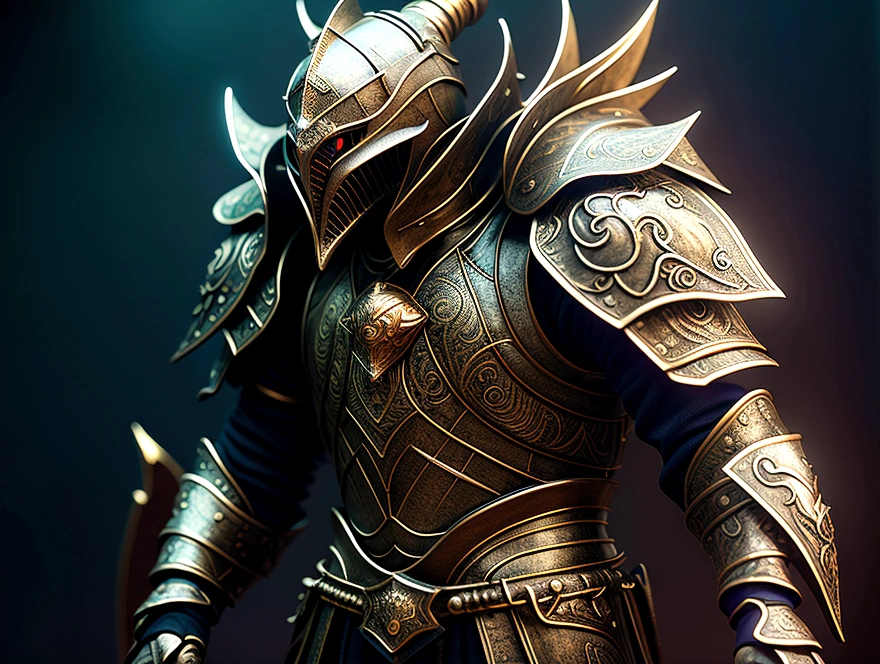 Warrior, Concept Art, author：Kisigank, Fantasy art, Battlefield Background, Clean Rendering, Angled, Put on your armor, Detailed bushido shaped smoke, The helmet of the forgotten god, the character is standing, 8k Real, In-game rendering, detailed face background detail, Art Station top page, Bull, Pseudo-medieval fantasy, A god wearing carp armor, 精巧なBronze armor, Bronze armor, Gold etched armor, Golden Obsidian Armor, Light gold armor, Ornate filigree armor, A demonic Warrior, Luxurious armor full of thorns, Exquisite Assassin Armor, Exquisite metal armor, powerful Warrior, Dressed in gorgeous golden armor，Decorated with intricate patterns, The helmet has a large crown and two horns.,Glowing red eyes， All is in the darkness, The smoky background suggests a battle scene., add a sinister air to his character，propose, Full Body Shot.