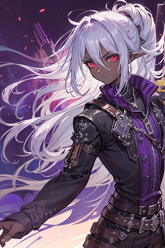 ((best quality)), ((masterpiece)), (detailed), ((boy)), ((mix between dungeonpunk and steampunk)), (serious), dark skinned, human, upper body, portrait, red eyes, long white hair, Xemnas from Kingdom Hearts, half-drow, pointy ears, serious face, dramatic lighting, purple hue, art by Kinema Citrus and Tetsuya Nomura