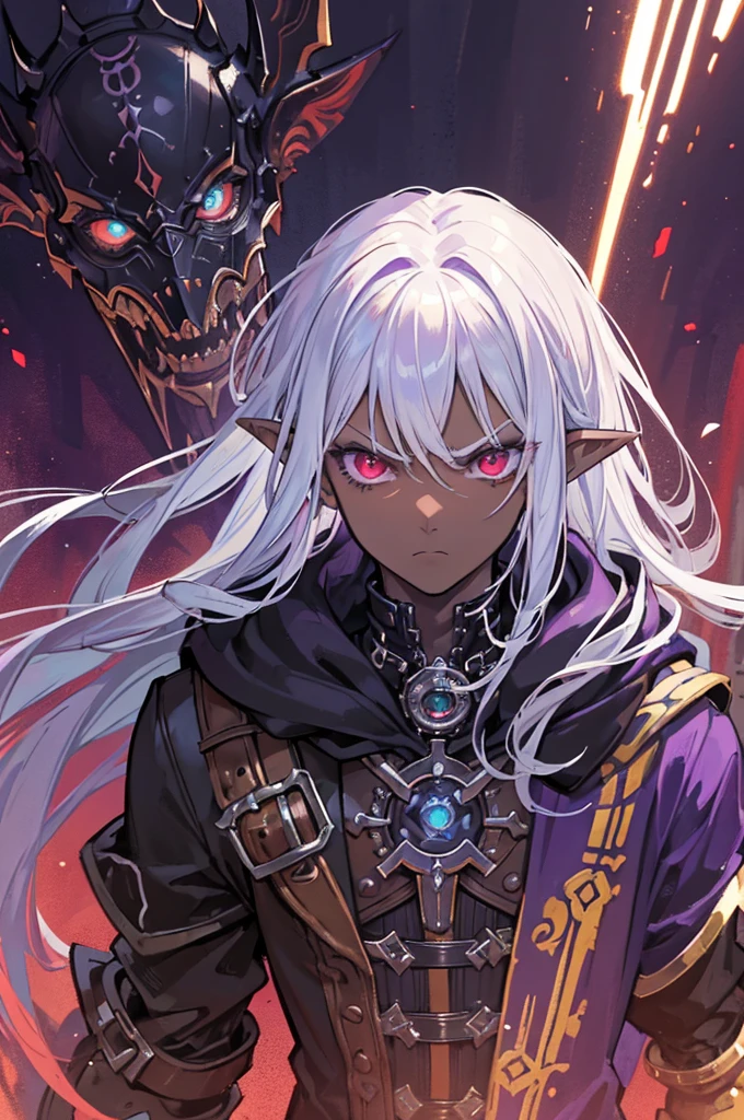 ((best quality)), ((masterpiece)), (detailed), ((boy)), ((mix between dungeonpunk and steampunk)), (serious), dark skinned, human, upper body, portrait, red eyes, long white hair, Xemnas from Kingdom Hearts, half-drow, pointy ears, serious face, dramatic lighting, purple hue, art by Kinema Citrus and Tetsuya Nomura