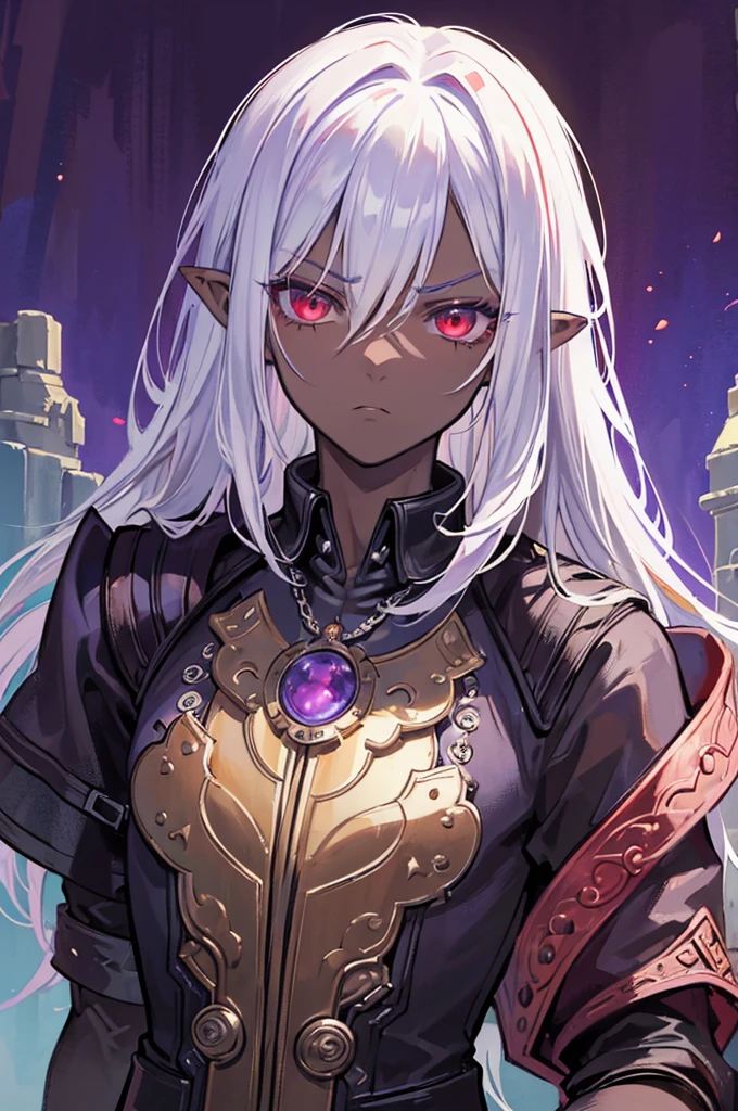 ((best quality)), ((masterpiece)), (detailed), ((boy)), ((mix between dungeonpunk and steampunk)), (serious), dark skinned, human, upper body, portrait, red eyes, long white hair, Xemnas from Kingdom Hearts, half-drow, pointy ears, serious face, dramatic lighting, purple hue, art by Kinema Citrus and Tetsuya Nomura