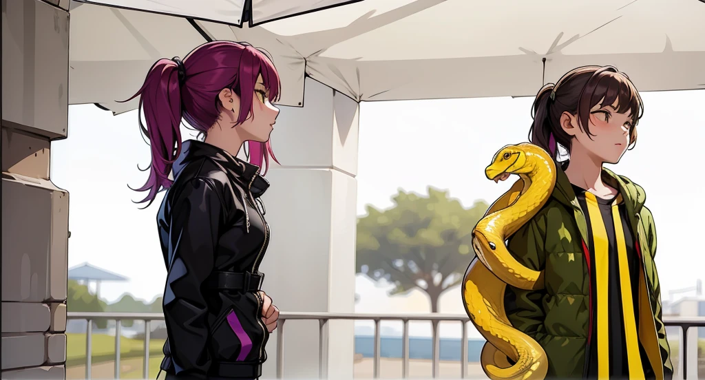 There are two cute 16 year old girls, one of them has a yellow snake on her arm.