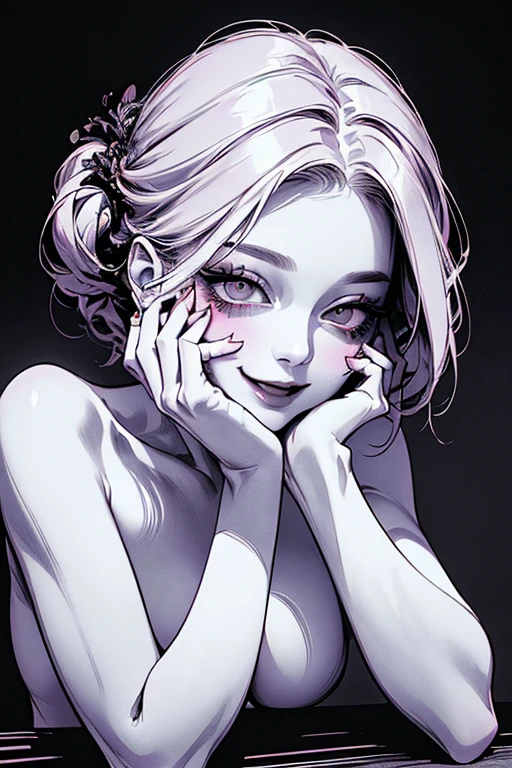 Highest quality, (Background details), High Contrast, One very beautiful woman, topless、Leaning forward、Please put your hands together、Detailed original illustrations、Functional、Delicate face、Alluring、Villainess、sexy、Real breasts、Crazy Smile, Crazy Eyes、 Head close-up,Beautiful line art
