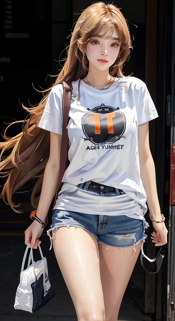 (SFW:1.5), 1 Female, Age 20, Baggy T-shirt（White）((Short sleeve))、The T-shirt goes up to the thighs
