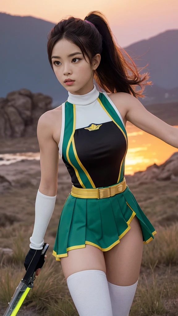 A Stirring, High-Quality Masterpiece of a member of a Ranger Team. The ranger is adorned in vibrant colors: rosa, red blazing in the foreground, violet, green, yellow, black blue, and white. Her dynamic poses exude energy and courage against a background that pulsates with neon, fire, plasma, and fluorescent hues, embodying the essence of the classic Sentai superhero team. The ranger's outfit is sophisticated and modern, the bottom is a miniskirt, with intricate details that reflect her individual theme. She stands ready for action, weapons in hand, under the hues of a breathtaking sunset, bathed in cin