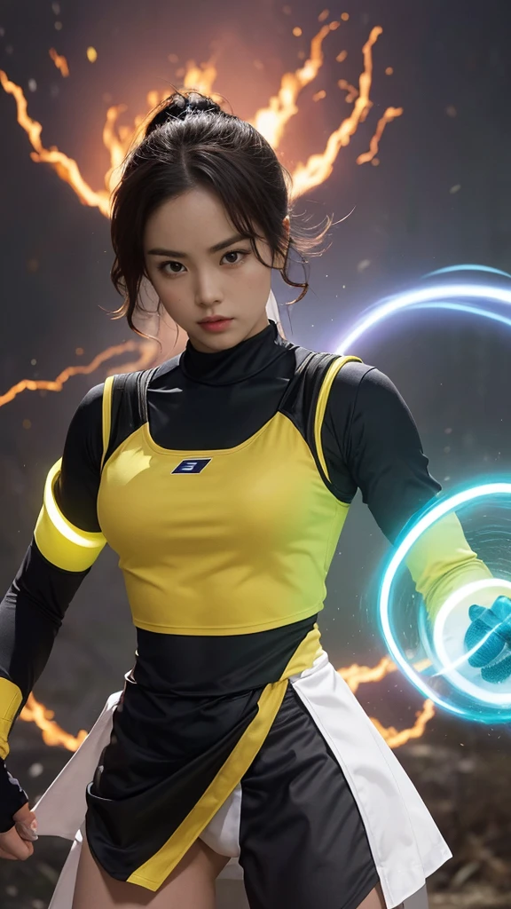 A Stirring, High-Quality Masterpiece of a member of a Ranger Team. The ranger is adorned in vibrant colors: rosa, red blazing in the foreground, violet, green, yellow, black blue, and white. Her dynamic poses exude energy and courage against a background that pulsates with neon, fire, plasma, and fluorescent hues, embodying the essence of the classic Sentai superhero team. The ranger's outfit is sophisticated and modern, the bottom is a miniskirt, with intricate details that reflect her individual theme. She stands ready for action, weapons in hand, under the hues of a breathtaking sunset, bathed in cin