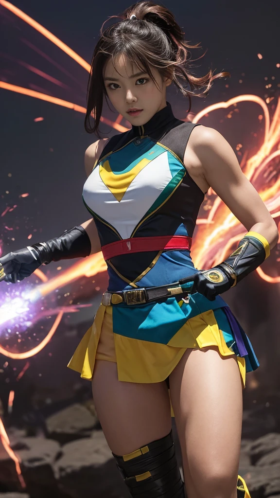 A Stirring, High-Quality Masterpiece of a member of a Ranger Team. The ranger is adorned in vibrant colors: rosa, red blazing in the foreground, violet, green, yellow, black blue, and white. Her dynamic poses exude energy and courage against a background that pulsates with neon, fire, plasma, and fluorescent hues, embodying the essence of the classic Sentai superhero team. The ranger's outfit is sophisticated and modern, the bottom is a miniskirt, with intricate details that reflect her individual theme. She stands ready for action, weapons in hand, under the hues of a breathtaking sunset, bathed in cin