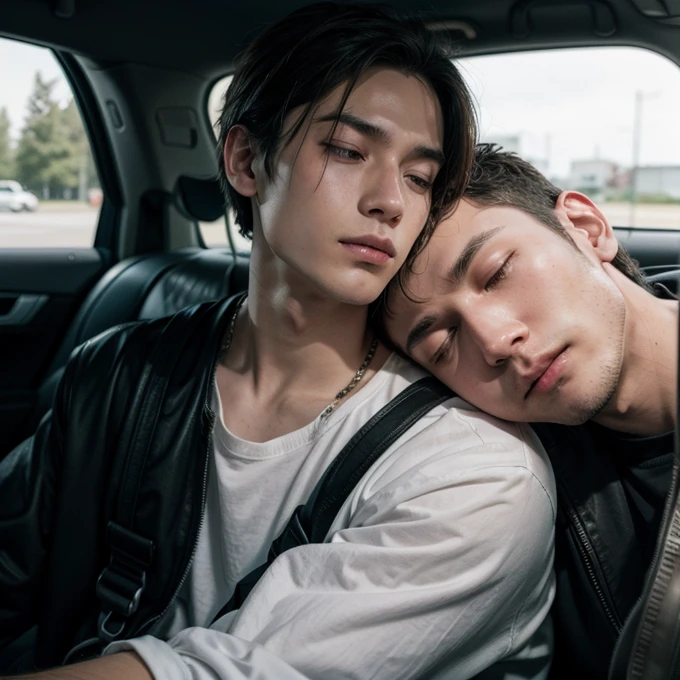 Two men, arm around the neck, sleeping inside a car