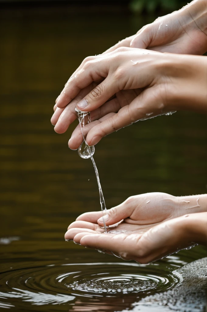 Two hands holding water and water seeping underneath with drops