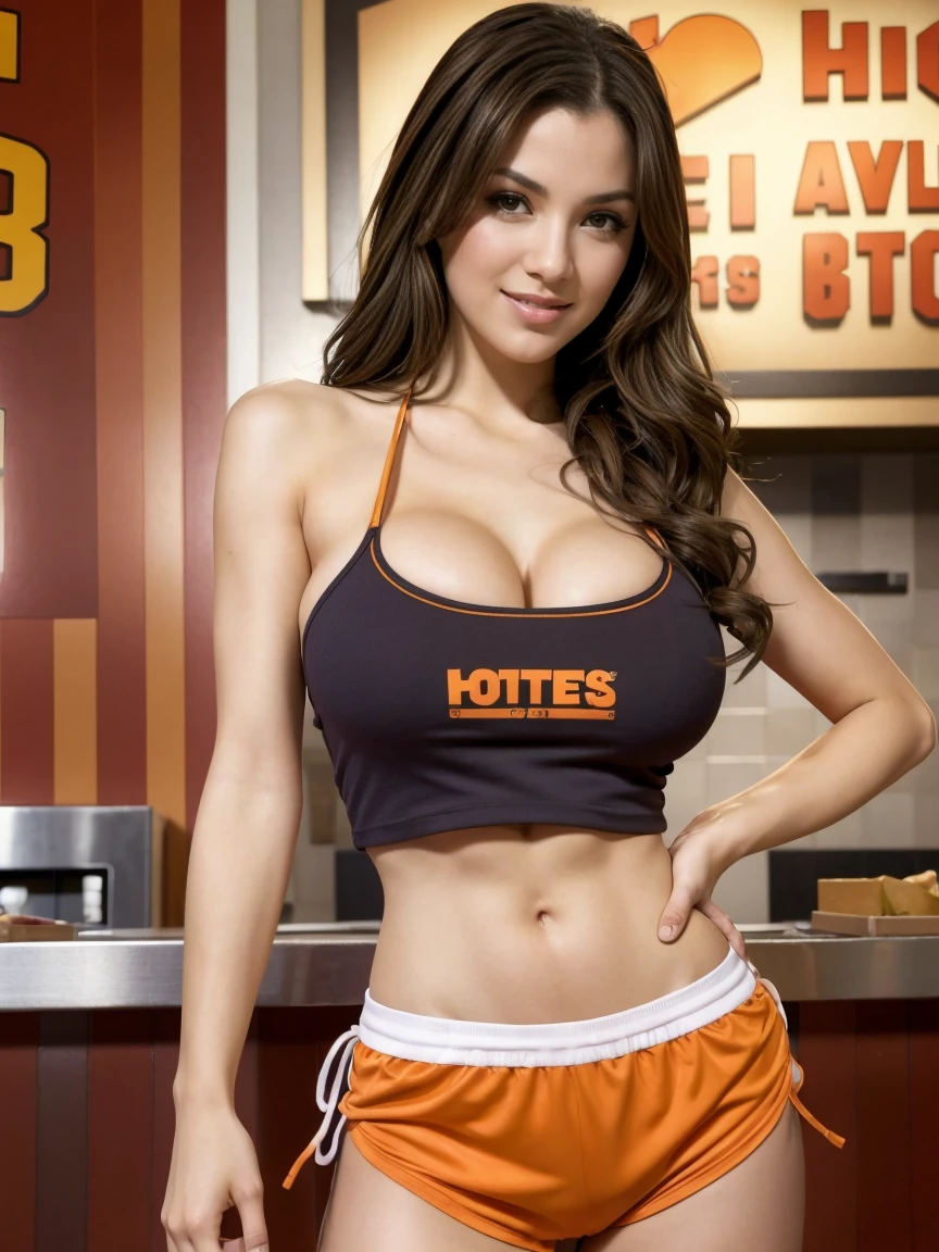 1 girl, 28 years old, bartender standing up, orange dolphin shorts, hooters girl, shirtlift, at a sports bar, beautiful woman with amazing breasts, long necklace, toned body with perfect breasts, wide hips, round ass, detailed face, beautiful face, gorgeous face, long brown hair, tight body, sports bar, sexy hair, seductive, (pretty eyes:1.4), smirk, pierced belly button, standing with legs spread, professional lights, 8k, cinematic lighting, photorealism