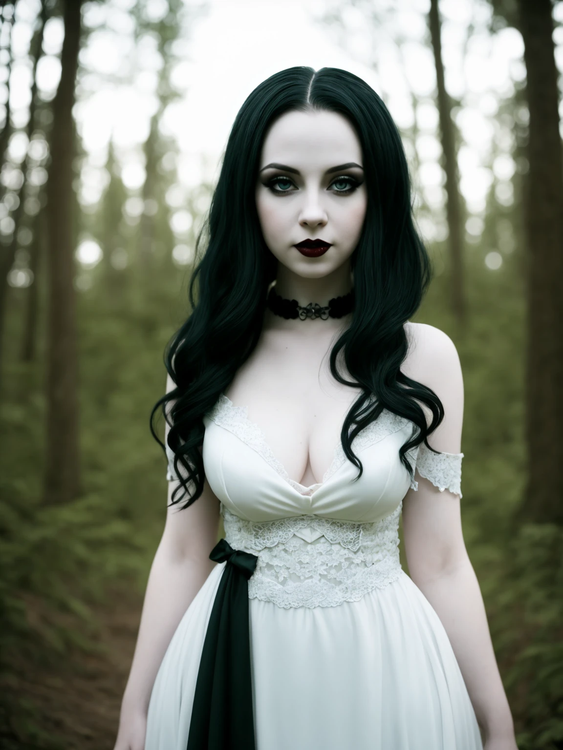 female sexy vampire|albino, pale porcelain skin, sexy vintage black dress, smile, shallow depth of field, grin|creepy, nightfall, detailed face, night, wide hips, narrow waist, portrait of woman standing, detailed eyes, portrait of woman standing, 8k RAW photo, highest quality, looking at the viewer, best shadow, intricate details, long hair, bright eyes, forest, grave, gothic, goth detailed, highres, high qualilty, high saturation