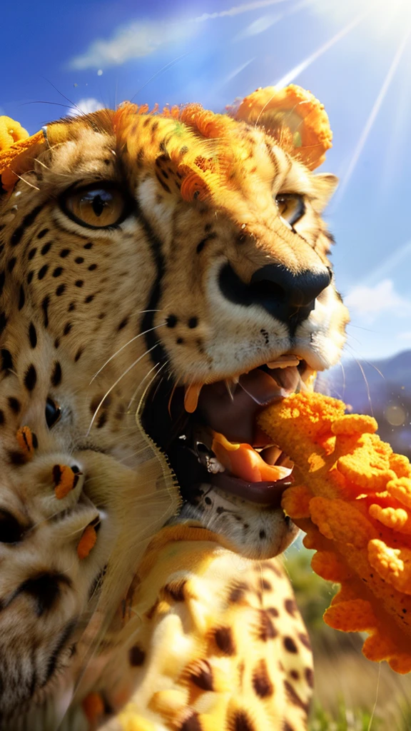 Medium close-up shot, faceless female anthro cheetah, ultra-detailed, masterpiece, best quality, sitting on a grassy plain, (Cheetos bag: 1.2), (Cheeto puffs scattered: 1.3), (Cheeto dust on cheetah paws and snout: 1.4), detailed background, photo-realistic, realistic hands, 8k HD, (yellow Cheetos, orange Cheetos: 1.3), detailed eyes, (tongue flicking out to grab a Cheeto: 1.2), (daylight, bright sunlight: 1.5), by (by Pino Daeni,