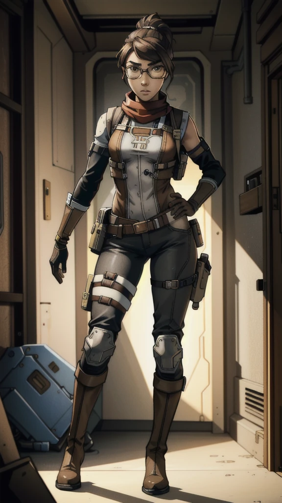 1 girl, , brown hair in high ponytail, warm brown eyes, wearing goggles, white skin, slender figure, wearing earpiece, red scarf, white striped blouse, black tactical vest with pockets, long shorts, metal knee pads, sturdy work boots, reinforced gloves with metal studs, leather belt with additional pockets, inspired by Borderlands video game, best quality, 4k, 8k, highres, masterpiece:1.2, ultra-detailed, realistic, photorealistic, photo-realistic:1.37, concept art, sci-fi, vibrant colors, dramatic lighting