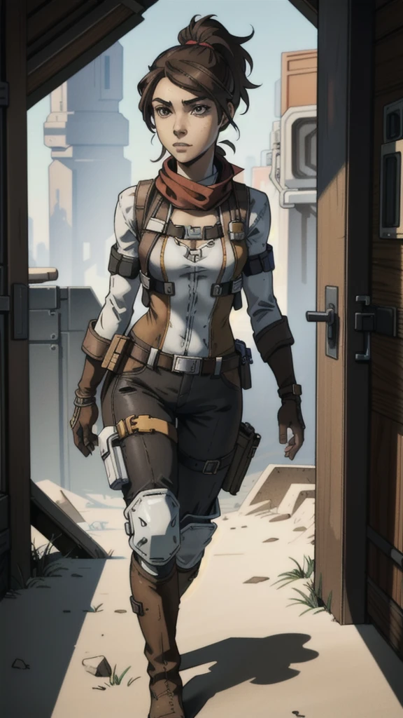 1 girl, , brown hair in high ponytail, warm brown eyes, wearing goggles, white skin, slender figure, wearing earpiece, red scarf, white striped blouse, black tactical vest with pockets, long shorts, metal knee pads, sturdy work boots, reinforced gloves with metal studs, leather belt with additional pockets, inspired by Borderlands video game, best quality, 4k, 8k, highres, masterpiece:1.2, ultra-detailed, realistic, photorealistic, photo-realistic:1.37, concept art, sci-fi, vibrant colors, dramatic lighting