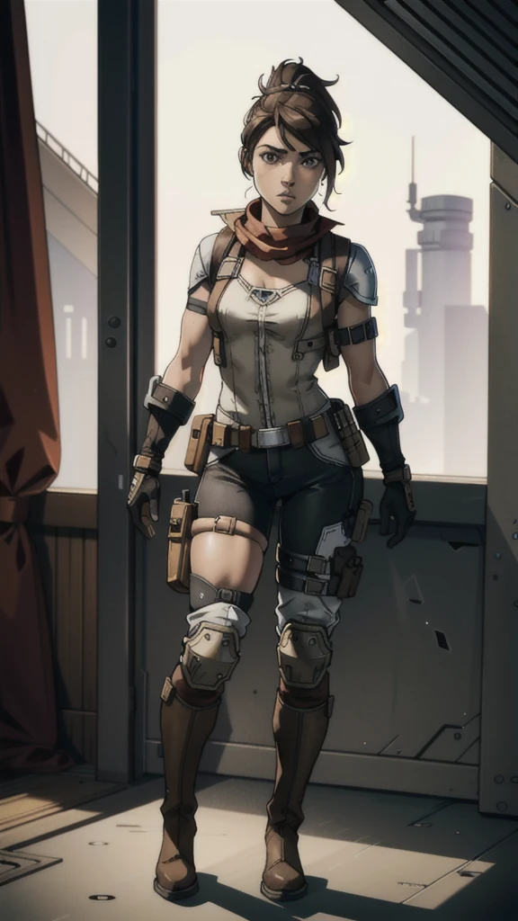 1 girl, ************, brown hair in high ponytail, warm brown eyes, wearing goggles, white skin, slender figure, wearing earpiece, red scarf, white striped blouse, black tactical vest with pockets, long shorts, metal knee pads, sturdy work boots, reinforced gloves with metal studs, leather belt with additional pockets, inspired by Borderlands video game, best quality, 4k, 8k, highres, masterpiece:1.2, ultra-detailed, realistic, photorealistic, photo-realistic:1.37, concept art, sci-fi, vibrant colors, dramatic lighting