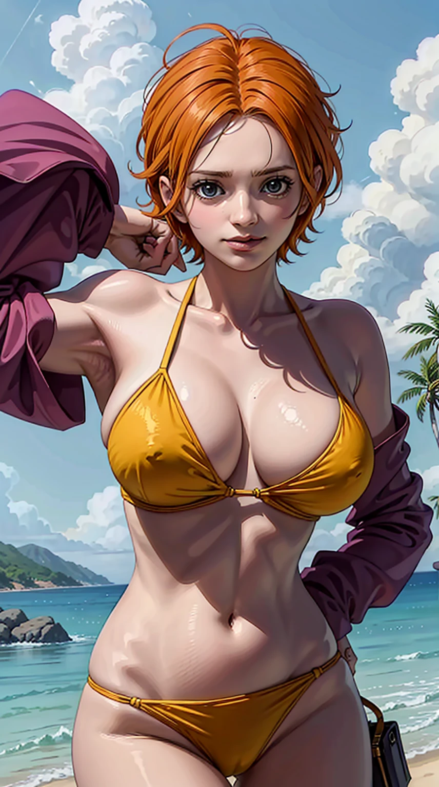 koala from the anime one piece, short hair, orange hair, holding the back of her hair, both hands holding the hair on the back of her head, showing her armpits, beautiful, beautiful woman, perfect body, perfect breasts, wearing a beach bikini, light purple bikini, expensive bikini , on the beach, beautiful beach, very beautiful, coconut trees, looking at the viewer, a slight smile, realism, masterpiece, textured skin, super detail, high detail, high quality, best quality, 1080p, 16k