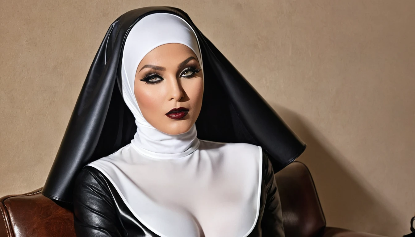 An evil, sexy, hypnotizing nun. The face of a mannequin. She is wearing a "black latex veil", a tight-fitting "hijab", "black leather high-heeled boots" and "black leather gloves". He's sitting in an armchair.