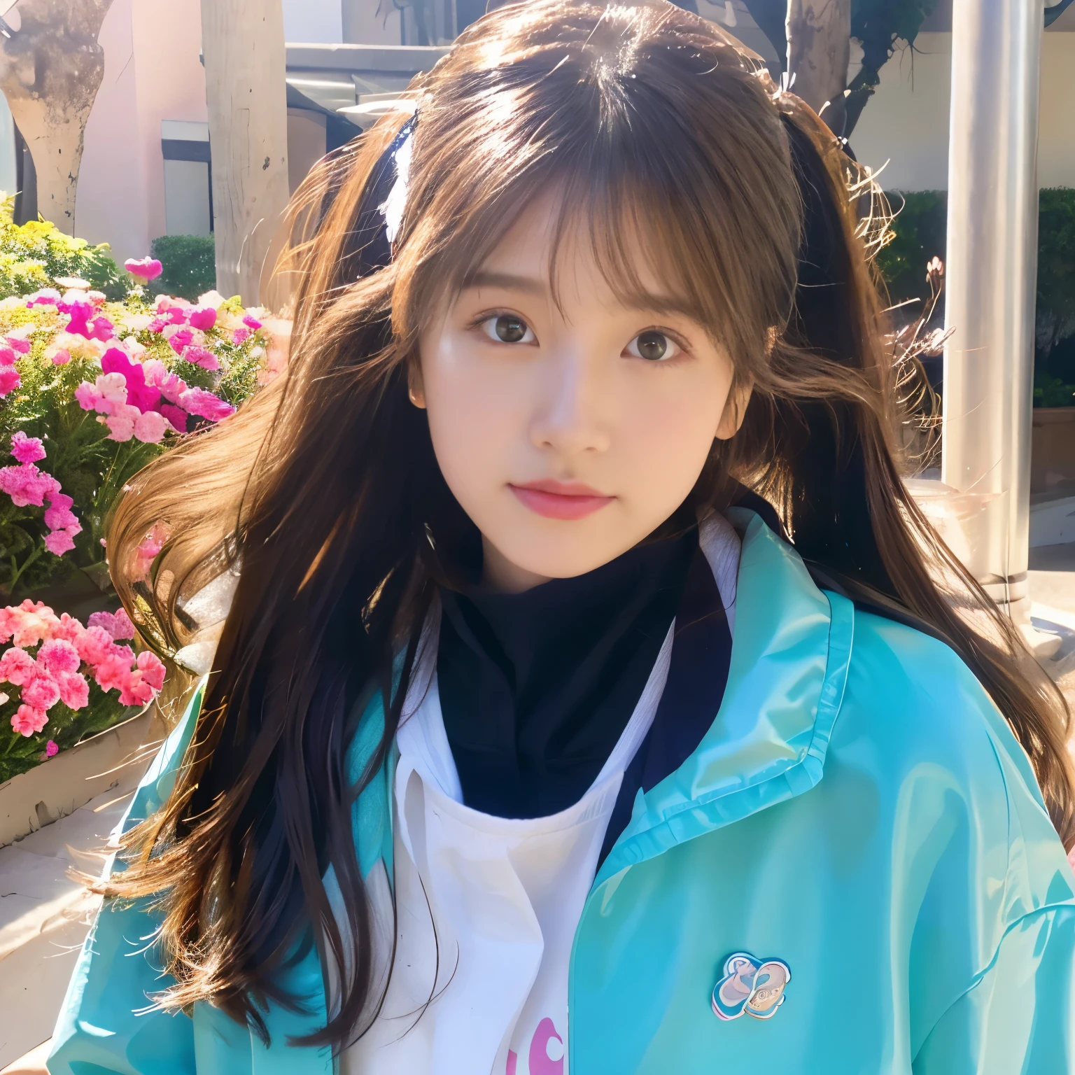 (masterpiece), (best quality), (ultra detailed),(disheed hair),(illustration), (1girl), (Fashionable clothing), standing, Fashion model, looking at viewer, (interview), (simple background), Beautiful detailed eyes, delicate beauty, floating, (high saturation), (colorful splash), colorful bubbles, (shine), focus on the face, ponytail, Ayaka Kamisato, light blue hair, bangs, scrunchies, floating flowers, flowing hair, (shiny), best lighting, best shadows, perfect hands