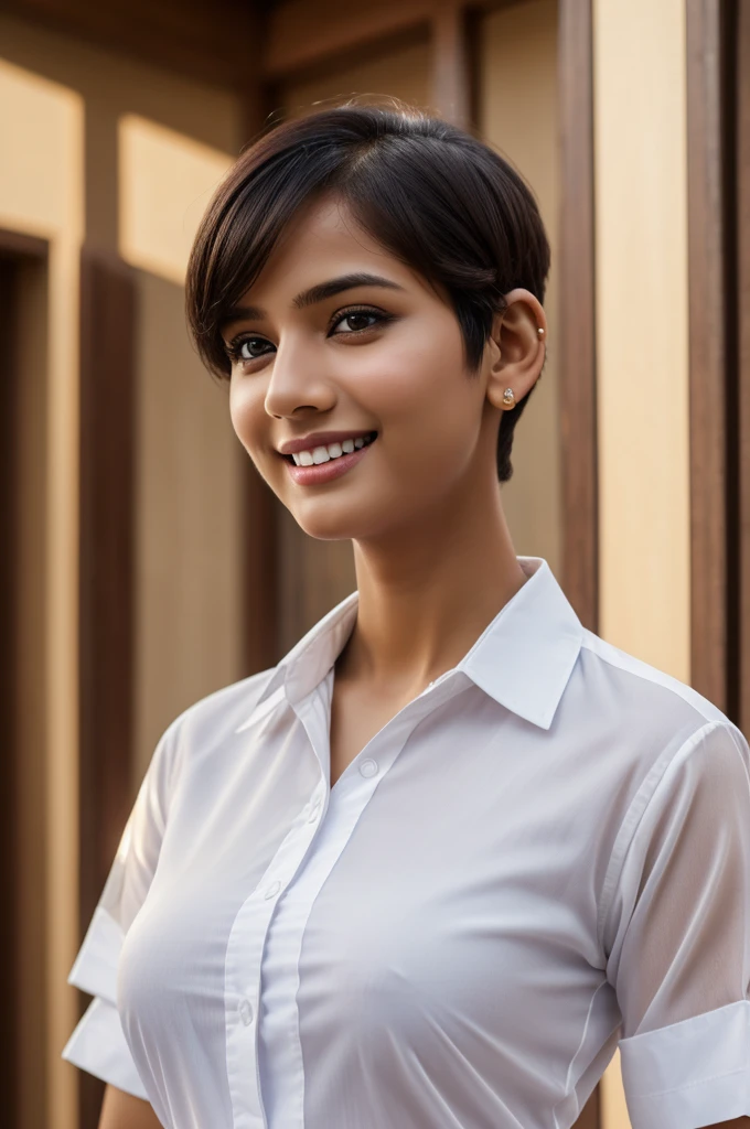 (8k, RAW photo, best quality, masterpiece:1.2), (realistic, photo-realistic:1.37), ultra-detailed,
1 girl,cute, solo,beautiful detailed sky,(nose blush),(smile:1.1),(closed mouth),large breasts, village girl,long height,seductive smile, professional lighting, Sony A7R4, Zessie 50mm F1.8,
maximum breasts,beautiful detailed eyes,(collared shirt:1.1), bowtie, transparent white sari,(short hair:1.2),floating hair 