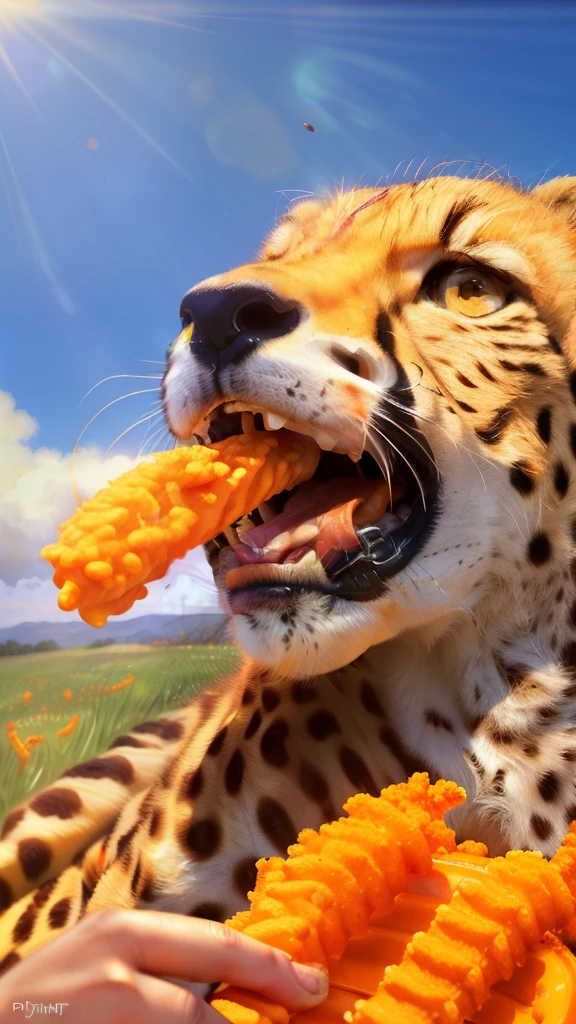 Medium close-up shot, faceless female anthro cheetah, ultra-detailed, masterpiece, best quality, sitting on a grassy plain, (Cheetos bag: 1.2), (Cheeto puffs scattered: 1.3), (Cheeto dust on cheetah paws and snout: 1.4), detailed background, photo-realistic, realistic hands, 8k HD, (yellow Cheetos, orange Cheetos: 1.3), detailed eyes, (tongue flicking out to grab a Cheeto: 1.2), (daylight, bright sunlight: 1.5), by (by Pino Daeni,