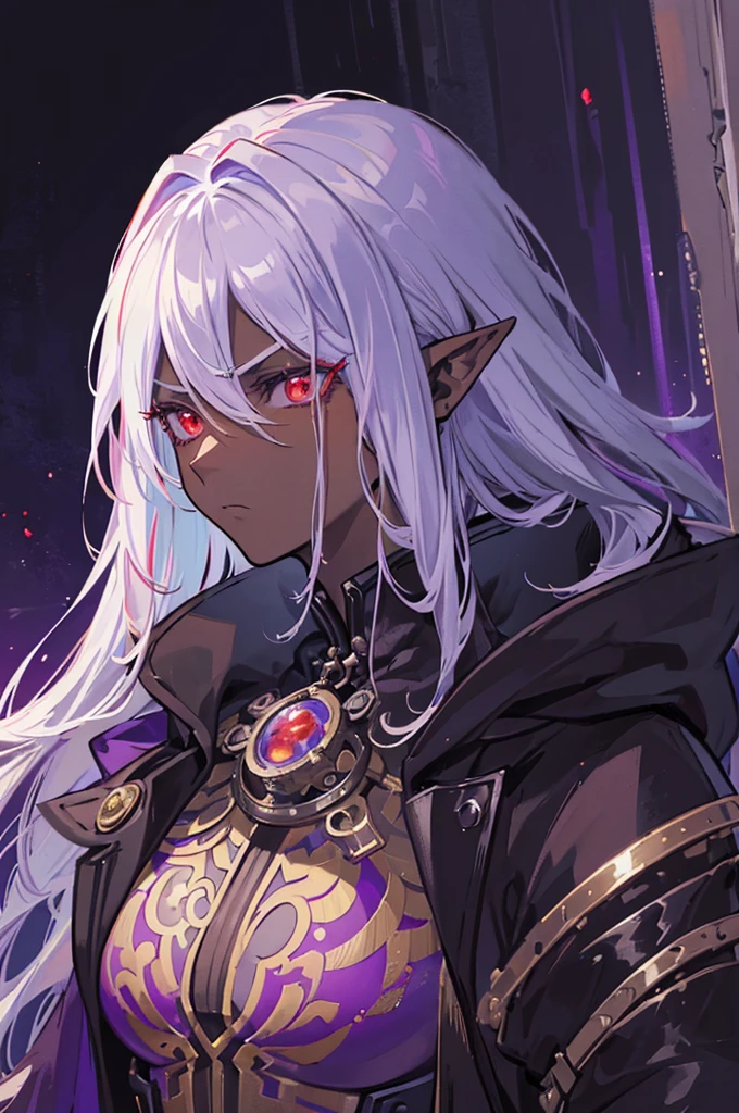 ((best quality)), ((masterpiece)), (detailed), ((male)), ((mix between dungeonpunk and steampunk)), (serious), dark skinned, human, upper body, portrait, red eyes, long white hair, Xemnas from Kingdom Hearts, half-drow, pointy ears, serious face, dramatic lighting, purple hue, art by Kinema Citrus and Tetsuya Nomura