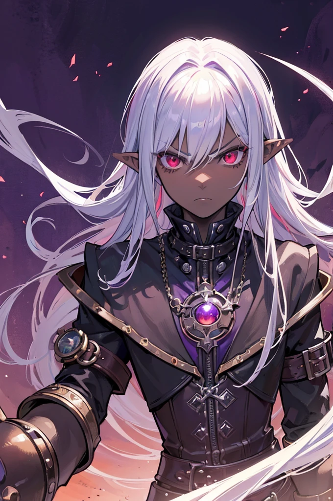 ((best quality)), ((masterpiece)), (detailed), ((male)), ((mix between dungeonpunk and steampunk)), (serious), dark skinned, human, upper body, portrait, red eyes, long white hair, Xemnas from Kingdom Hearts, half-drow, pointy ears, serious face, dramatic lighting, purple hue, art by Kinema Citrus and Tetsuya Nomura