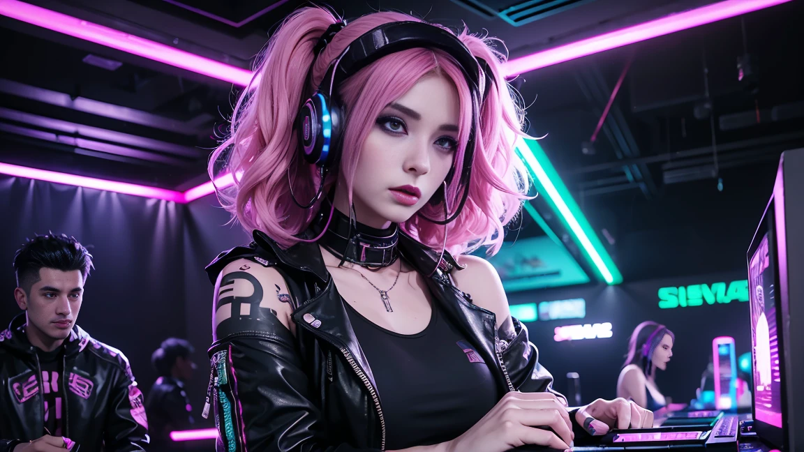 arafed woman in a black top and pink hair standing next to a DJ's mixer, rave girl, raver girl, 1 girl, DJ rave, unreal engine, rave makeup, in cyberpunk style, has cyberpunk style, rave inspired, cyber punk setting, cyberpunk vibes, cyberpunk vibe, beautiful cyberpunk woman model, cyberpunk style color