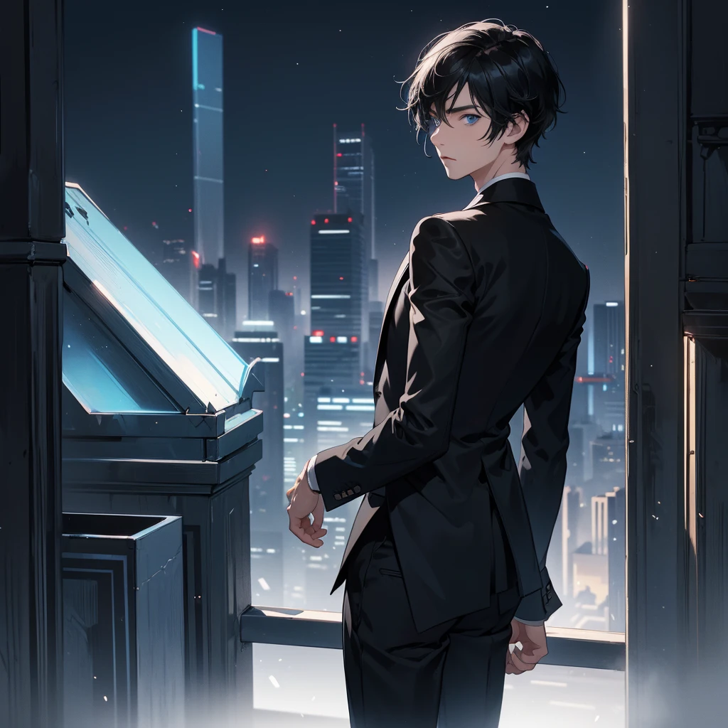 1boy, short black hair, blue eyes, wearing all black suits, on top of a building, high res, ultrasharp, 8k, masterpiece, looking at viewer from behind