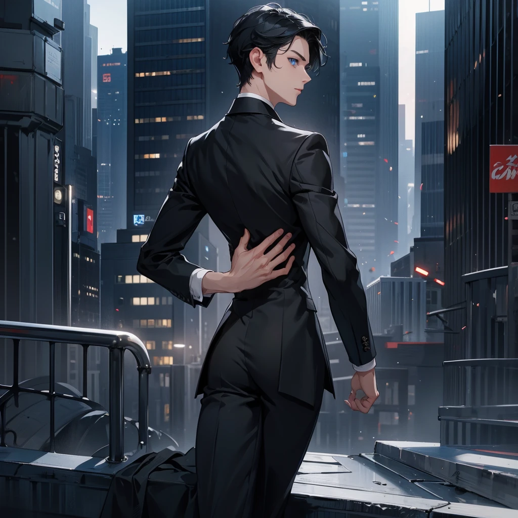 1boy, short black hair, blue eyes, wearing all black suits, on top of a building, high res, ultrasharp, 8k, masterpiece, looking at viewer from behind