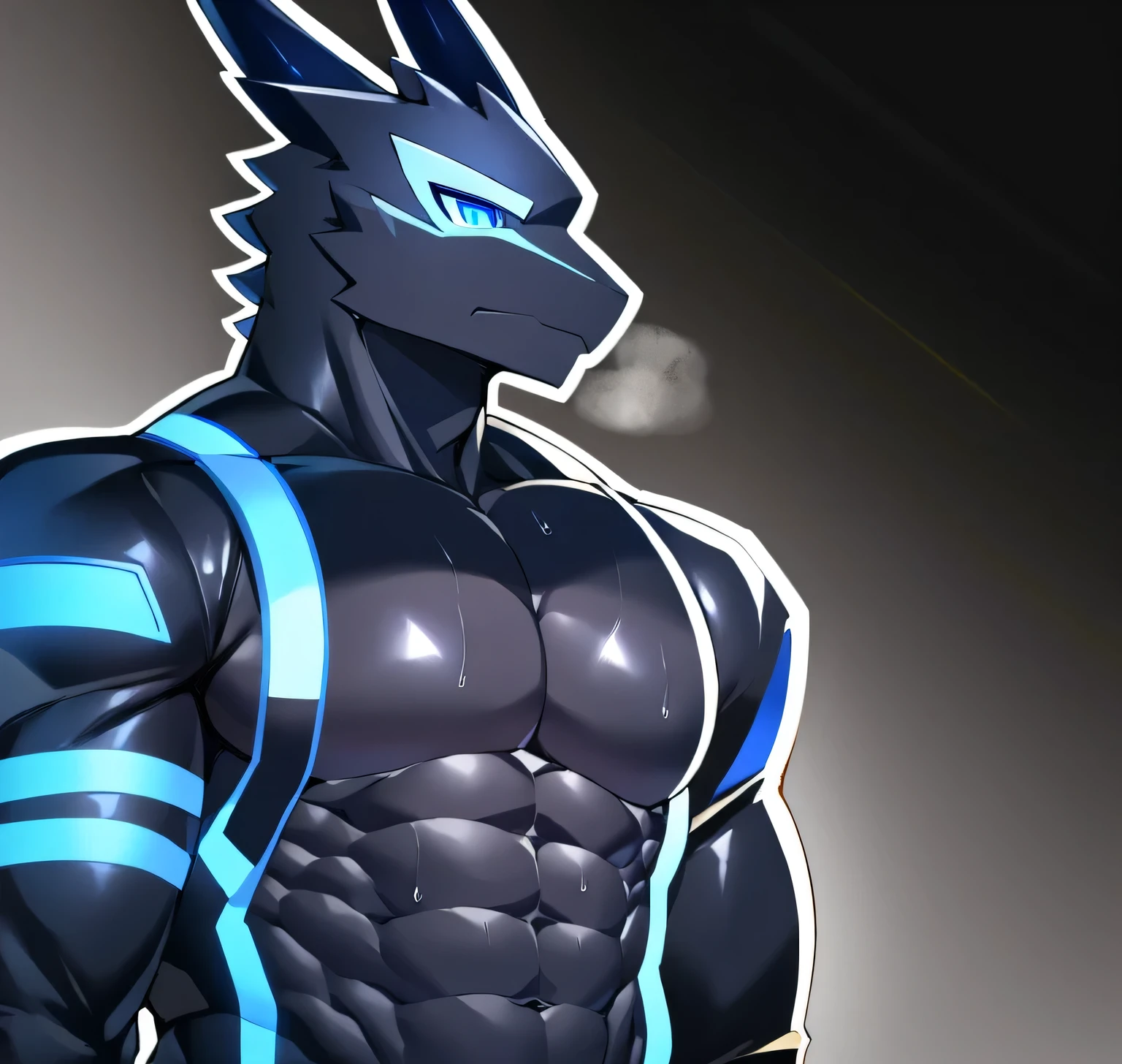 Thin macho　western black dragon　　abs　　　　　Hollow abs　　body suit　　thick arms　　　chest rig　　　、sweaty　　　skin glow　　profile　　Wearily　short of breath　　  　Chemo shota　　Thick chest have a 　blue eyes　Tired look　Glowing abs　Deep abdominals jacket　profile　one person