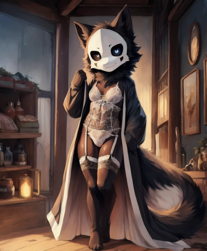 art by dagasi, Kid, by reysi, by hioshiru, by zackary911, by darkgem, masterpiece, portrait, soft lighting , (fluffy fur:1.1), slim, male, puro, black fur, white mask, white eyes, black sclera , looking at viewer, detailed background, full body image, wearing clothes/lingerie, wearing white lace lingerie