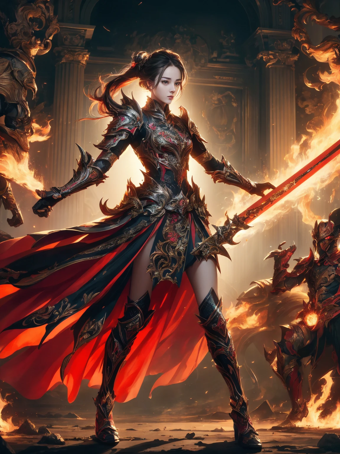 ((Full body shot)), ((Low angle view)), ((Detailed background)), ((Battlefield, group of armies)), (masterpiece, top quality, best quality, official art, beautiful and aesthetic:1.2), (1girl),craft a Hyper-realistic portrayal of a futuristic (1girl1.2), (beautiful Dilireba), beautiful character donned in intricate armor surrounded by captivating flames, an epic long (sword:1.2), Dynamic pose, Random pose, Dynamic angle, battle stance, Meticulous details capture the intense fusion of tradition and innovation in this visually stunning composition. Trending on Artstation. Perfect lighting,,