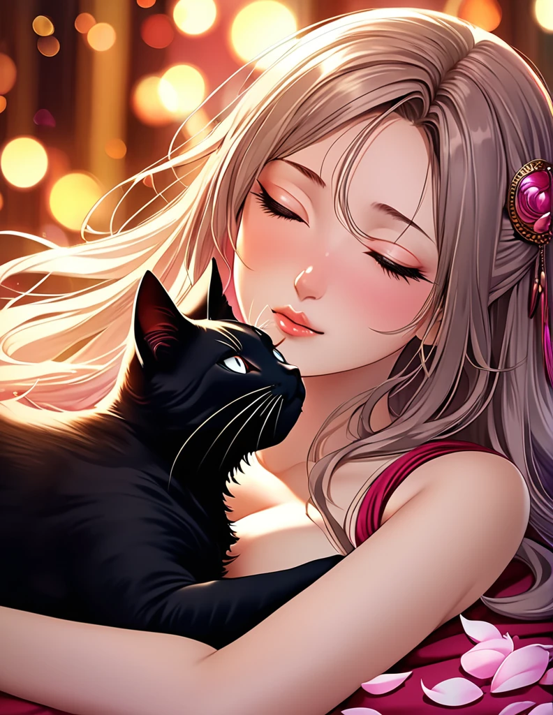 (Harem Manga style:1.2) , Hallucination, daydream , nightmare , Insane Dream , bokeh , erotica , romance , girl and realistic cat , Petals fluttering down , (Single eyelids, round nose, swollen cheeks) , glossy lips , Collarbone , Hair blowing in the wind , Goddess of lust , lying back , (hide private parts by cats:1.3) , (close up cat:1.1) , spread legs
