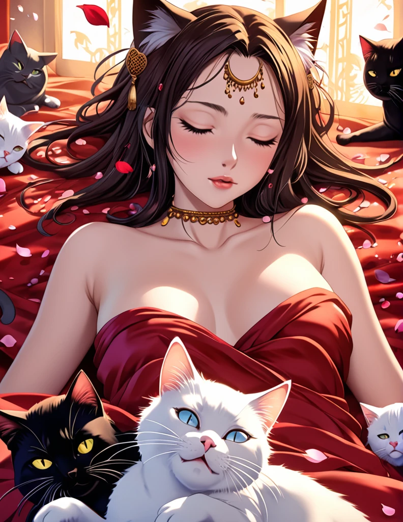 (Harem Manga style:1.2) , Hallucination, daydream , nightmare , Insane Dream , bokeh , erotica , romance , girl and realistic cat , Petals fluttering down , (Single eyelids, round nose, swollen cheeks) , glossy lips , Collarbone , Hair blowing in the wind , Goddess of lust , lying back , (hide private parts by cats:1.3) , (close up cat:1.1) , spread legs