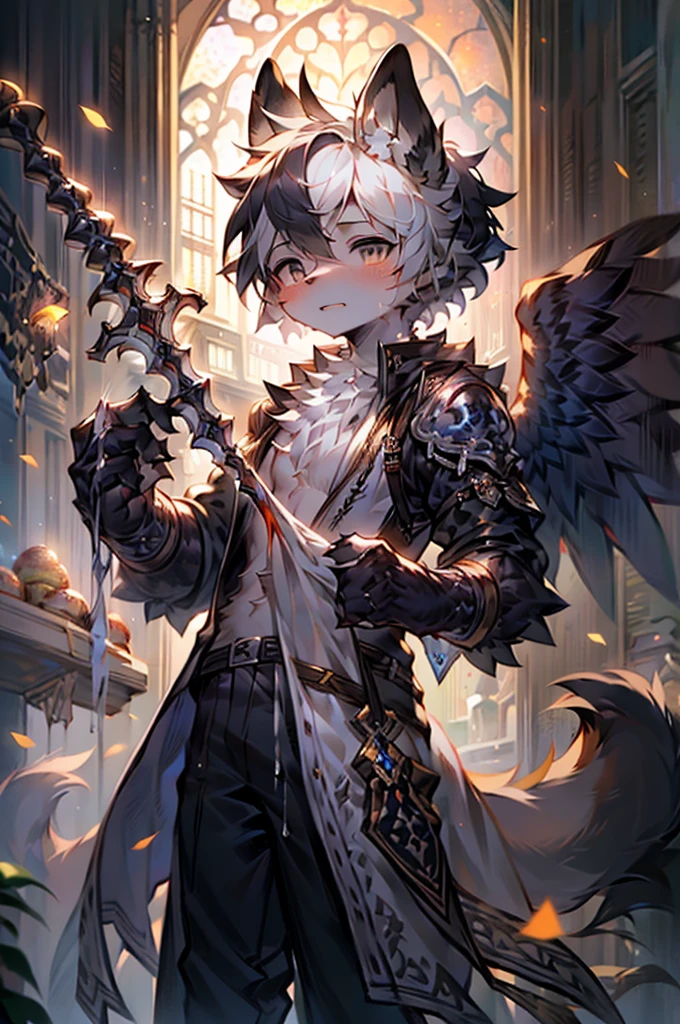 a male wolf-like humanoid angel with a damaged golden halo, wearing a white robe with golden floral patterns and a black tattered hem, black pants, and a pair of bony black-feathered wings, standing alone in a foggy, dilapidated background, holding a silver knight's sword in one hand, with black liquid dripping from his black eye sockets and black-and-white gradient hair, (best quality,4K,8K,highres,masterpiece:1.2),ultra-detailed,(realistic,photorealistic,photo-realistic:1.37),extremely detailed eyes and face,longeyelashes,detailed feathers,dramatic lighting,cinematic composition,dark fantasy,moody atmosphere,muted colors,clair obscur,Somewhat sad look,