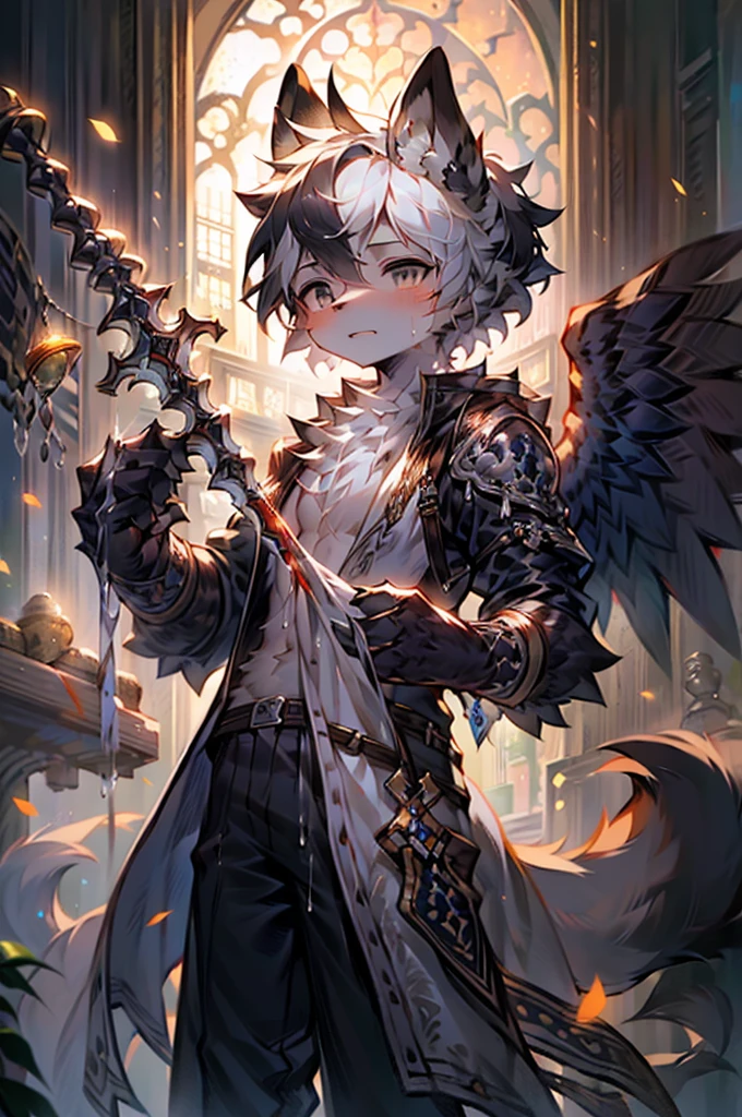 a male wolf-like humanoid angel with a damaged golden halo, wearing a white robe with golden floral patterns and a black tattered hem, black pants, and a pair of bony black-feathered wings, standing alone in a foggy, dilapidated background, holding a silver knight's sword in one hand, with black liquid dripping from his black eye sockets and black-and-white gradient hair, (best quality,4K,8K,highres,masterpiece:1.2),ultra-detailed,(realistic,photorealistic,photo-realistic:1.37),extremely detailed eyes and face,longeyelashes,detailed feathers,dramatic lighting,cinematic composition,dark fantasy,moody atmosphere,muted colors,clair obscur，Somewhat sad look，