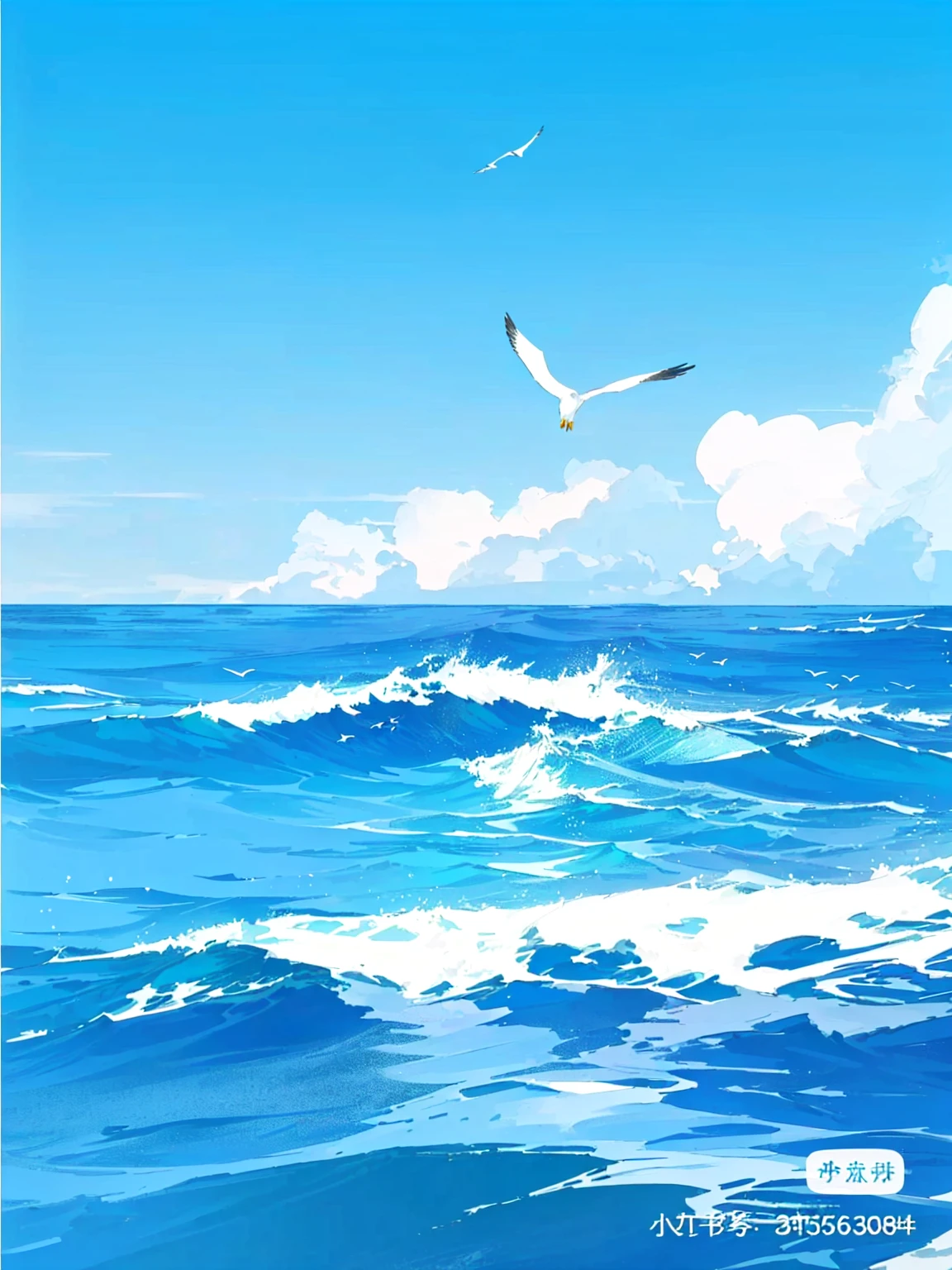 there are two seagulls Flying over the ocean on a sunny day, wild Ocean background, Sea background, Ocean background, Wallpaper Anime Blue Water, Beautiful Ocean, Blue Sea, sky and Ocean background, Sea and sky, Rough Seas, Flying over the ocean, Clouds、Wings and waves, Bright sea, Detailed sea, Beautiful sea view, realistic ocean, blue ocean,Seagull flying