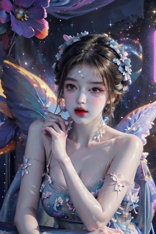 4K Ultra HD, Masterpiece, a young woman, good face, Detailed eyes, detailed lips, Flower Fairy, big wings, clear wings, neon light, (Galaxy Background:1.5), (Flower dress:1.8), (Indigo set:1.5), In heaven, sit,